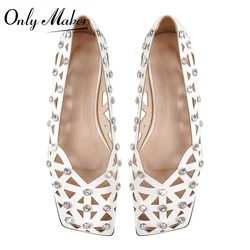 Onlymaker Woman Hollow Rhinestone Square Toe Flats  Slip On Black Fashion Daily Flat Shoes