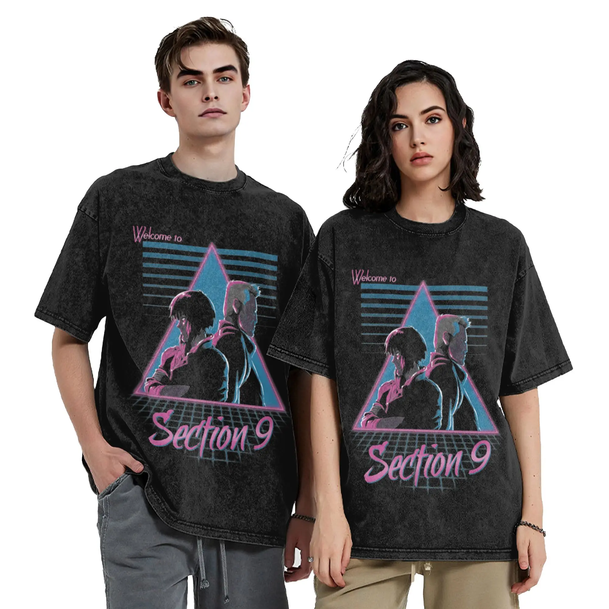 Priting Ghost In The Shell Section 9 Vintage Washed T Shirt O-neck Short Sleeve Tops Awesome Vaporwave Cotton Summer Clothing
