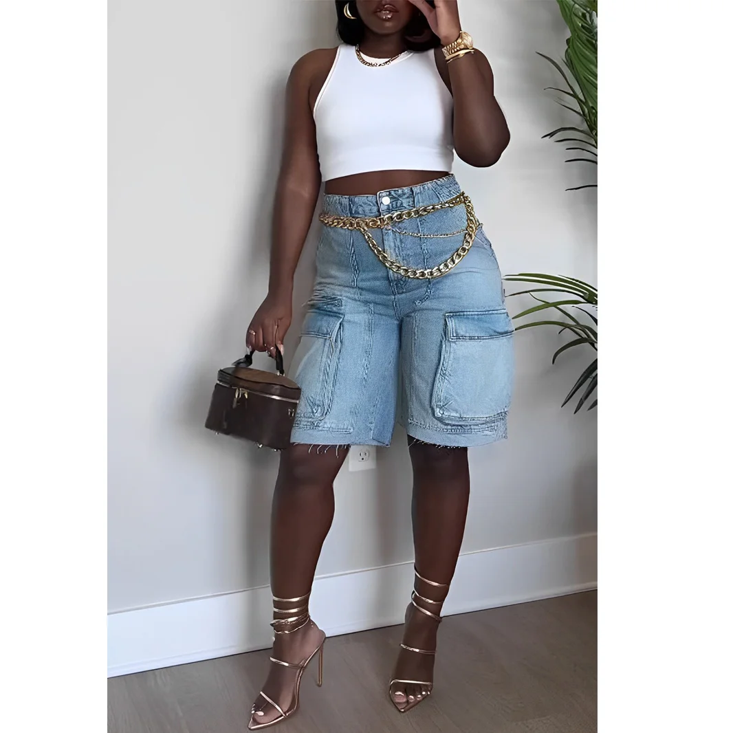 

Denim Shorts Cargo Pant High Waist 2025 Summer Solid Color Clothes Women Pocket Denim Short Pants Y2K Streetwear Jean Pants