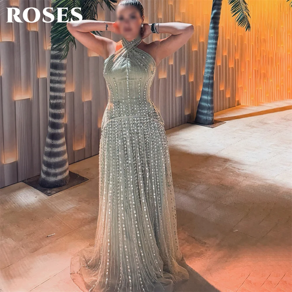 ROSES Sage Green Evening Gown Halter Neck Sleeveless Prom Dress with Crystal Wedding Evening Dress robes de soirée Customized