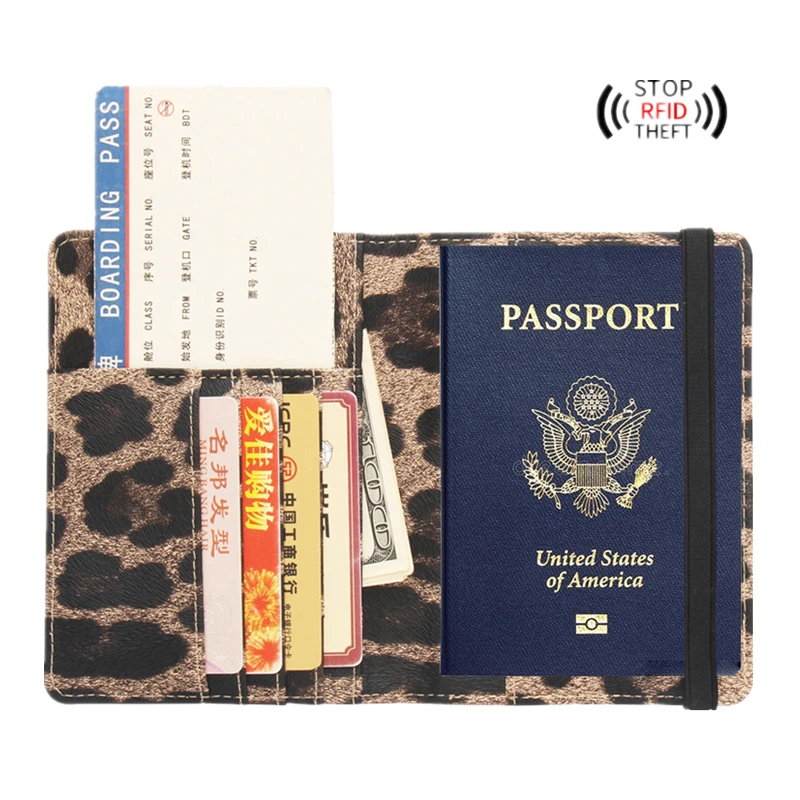 

RFID-blocking Document Holder Leopard Print Passport Cover with Ticket ID Credit Card Slot Pocket Elastic Band Passport Holder