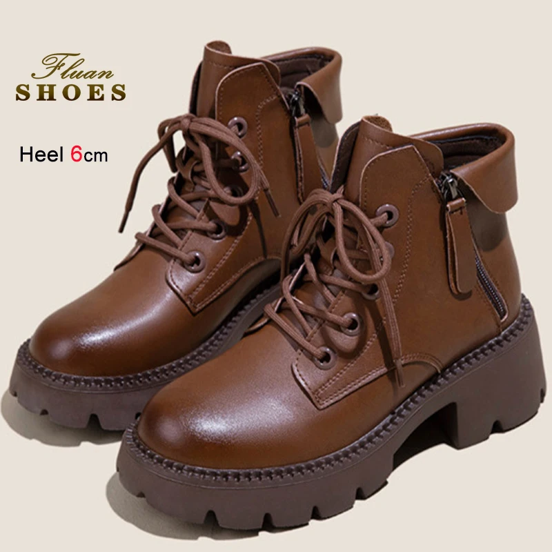 2025 شتاء جديد براون المرأة حذاء من الجلد النمط البريطاني الدانتيل يصل الأحذية جلد طبيعي السيدات أحذية بوت قصيرة الجانب سستة حذاء كاجوال