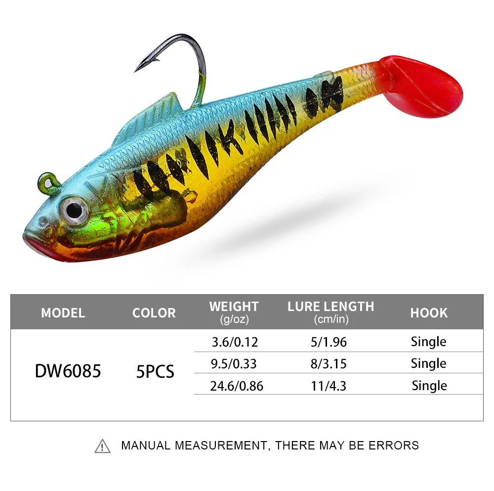 1/5 Stück Künstlicher Weichköder mit Jigkopf 3,6g 9,5g 24,6g Jigging-Weichköder Gummi-T-Schwanz Angelköder Schwimmköder für Barsch und Hecht – Detail 2