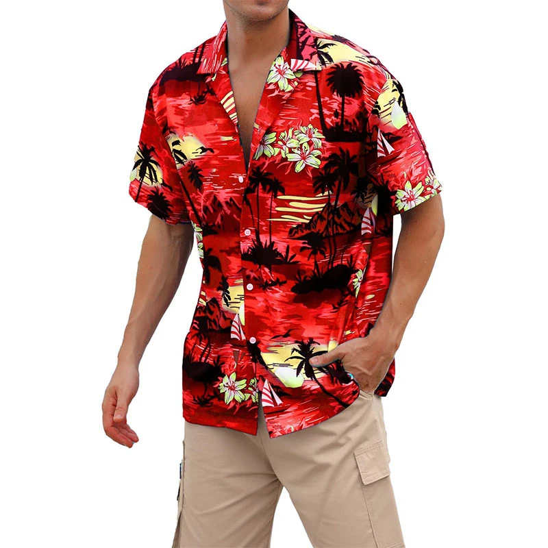 

Summer Hawaii Beach Shirts Tropical Holiday Coconut Tree Sunset Short Sleeve Aloha Unisex Lapel Blouse Vacation Surfing Blouses