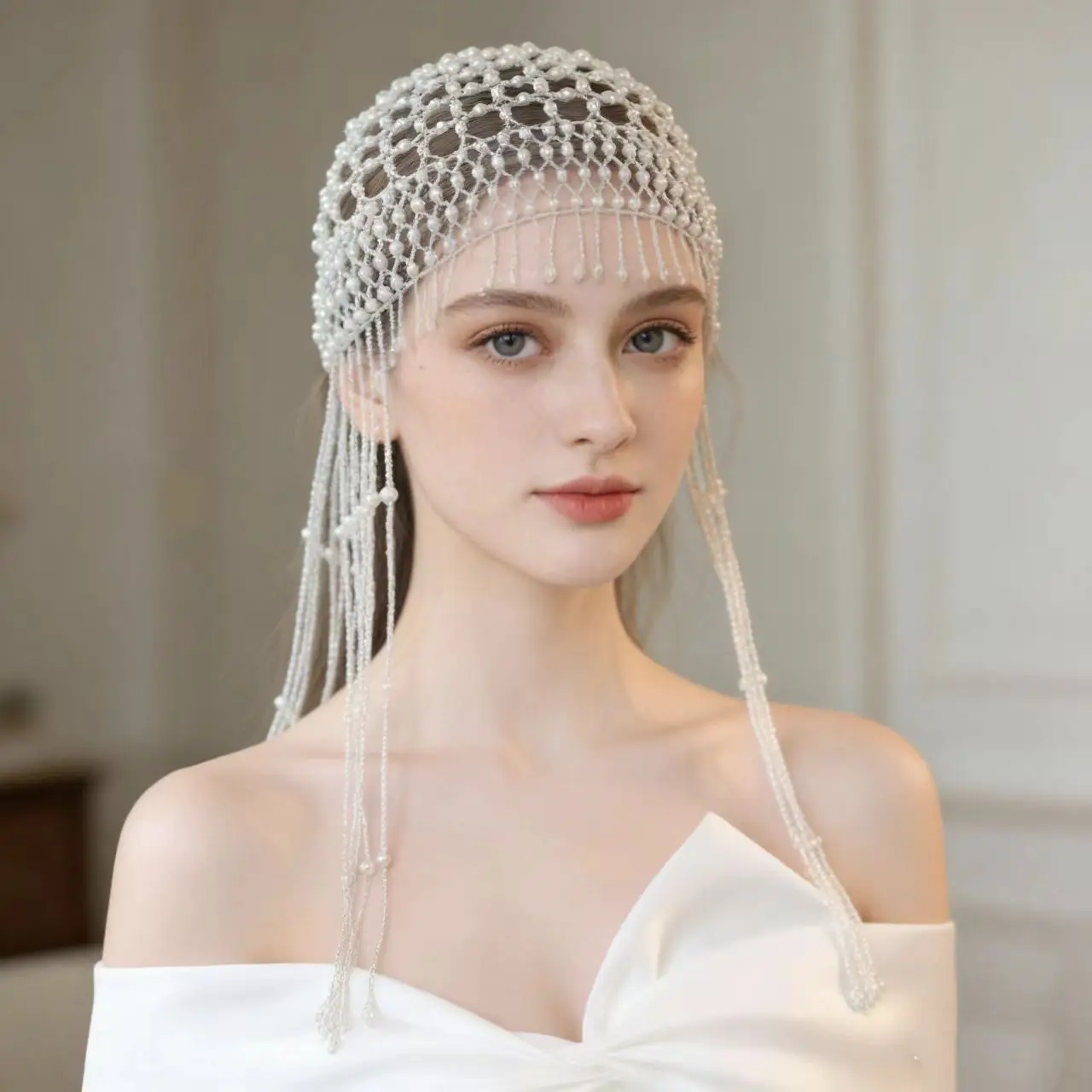 

Ladies Tassel Pearl-look Beaded Hat Silver Tassel Headpiece Fashionable Accessory for Women