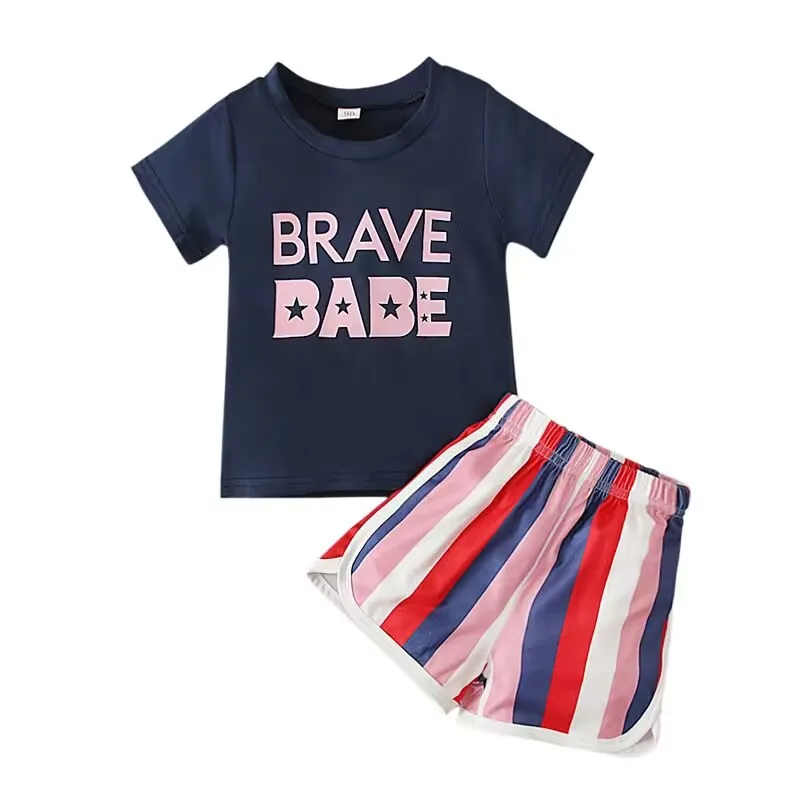 Summer Boutique Brave Boy Series Black Short-sleeved Top Striped Shorts Two-piece Set