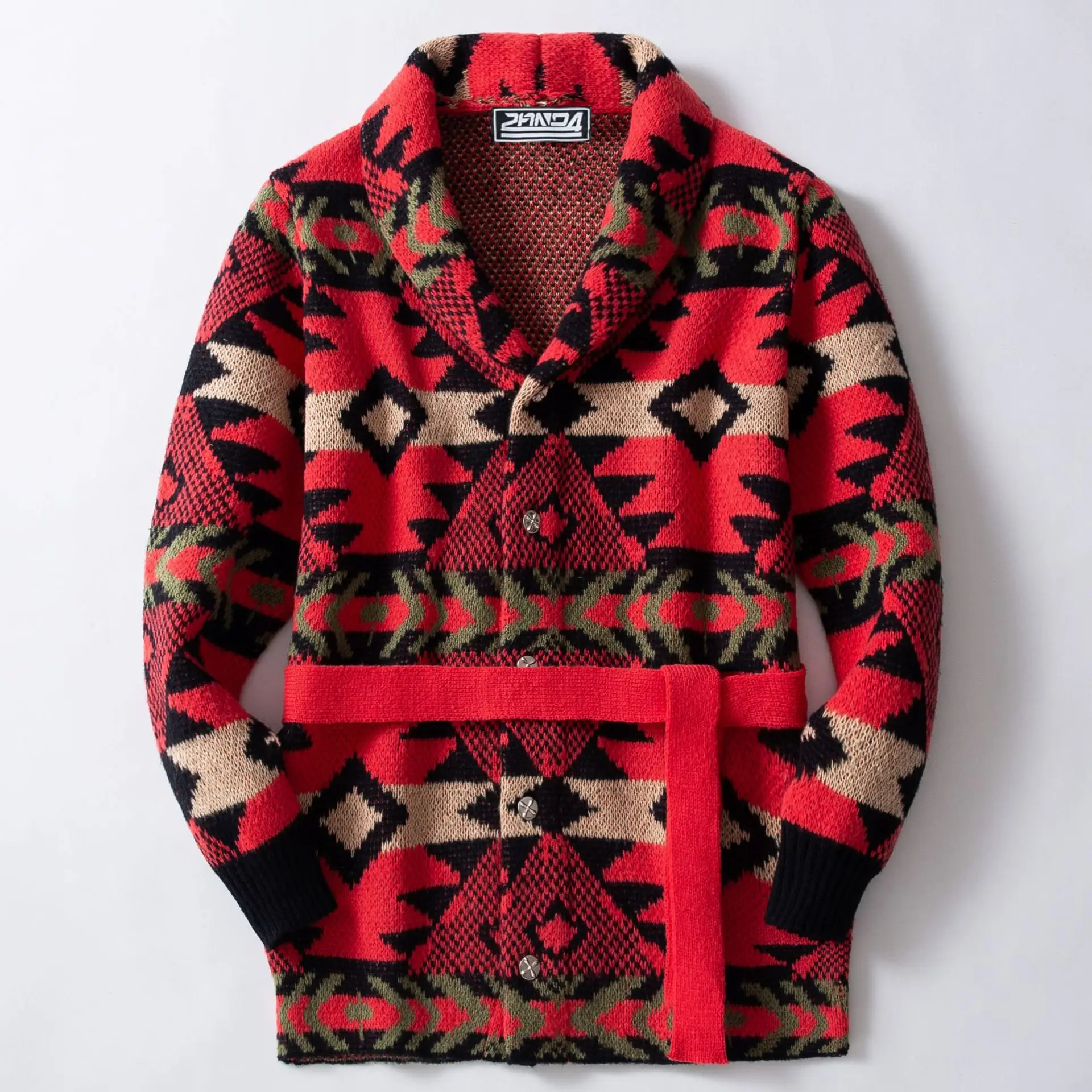 American Geometric Jacquard Men's Knitted Cardigan Green Fruit Neck Tie Waist Sweater Jacket