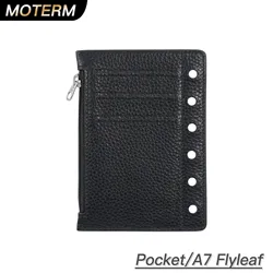 Moterm-Hoja de inercia con cremallera para bolsillo, organizador de anillos de tamaño A7, separador de cuero de grano genuino, bolsa de almacenamiento de monedas, accesorio para cuaderno