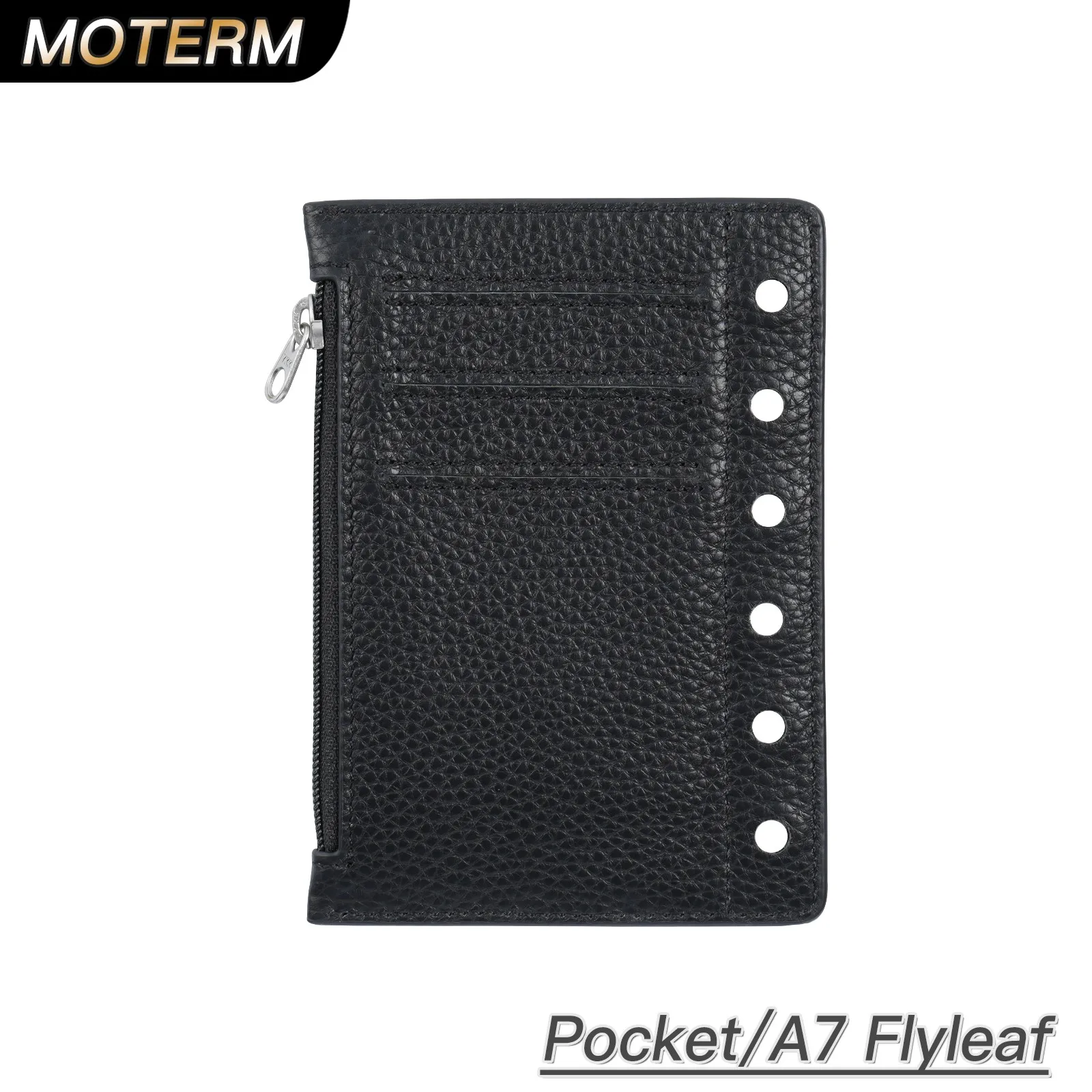 Moterm Zipper Flyleaf for Pocket A7 Size Ring Planner Genuine Pebbled Grain Leather Divider Coin Storage Bag Notebook Accessory