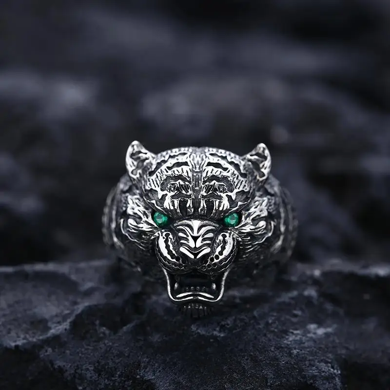 S925 Sterling Silver Jewelry Men's Bold Personality Tiger Head Open Ring Trendy Retro Single Index Finger Ring