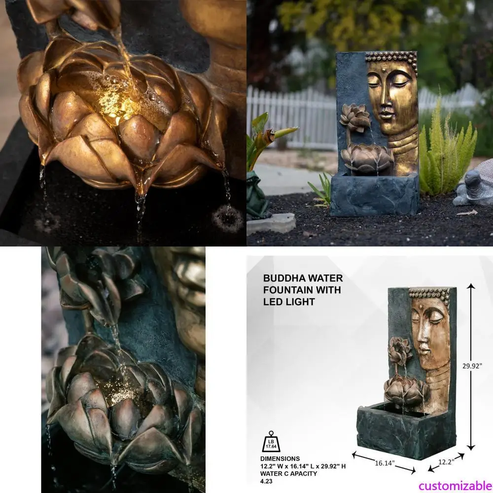 نافورة مياه للوجه من زن بوذا مع ضوء LED ومضخة - قائمة بذاتها للاستخدام الداخلي/الخارجي، ديكور زن مريح، زعنفة برونزية وطبيعية #1