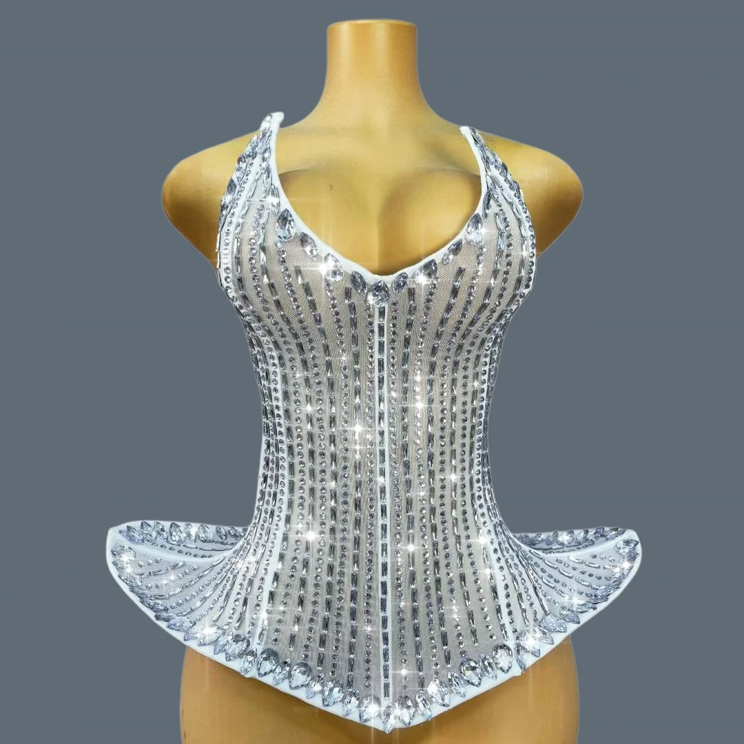 Silver Rhinestone Sheer Mesh Corset Women Halter V Neck Flared Hem Peplum Bustier Top For Performance Photoshoot Wear Jingxianyi