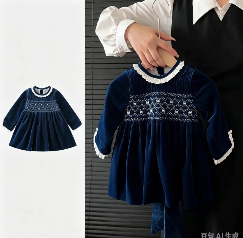 Girls Dress Fall Winter 2026 New Blue Embroidered Fashion Butterfly Kids Knot Dress Cotton Velvet Thickened Warm Dinner Dress