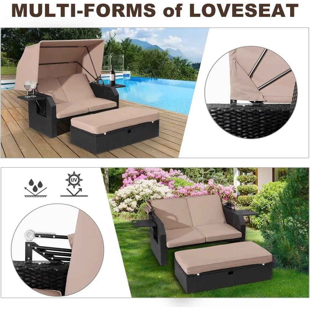 Patio rieten meubelset - rotan bankstel voor buiten met uittrekbare luifel, bijzettafel, poef, kussen - PE rotan loveseat