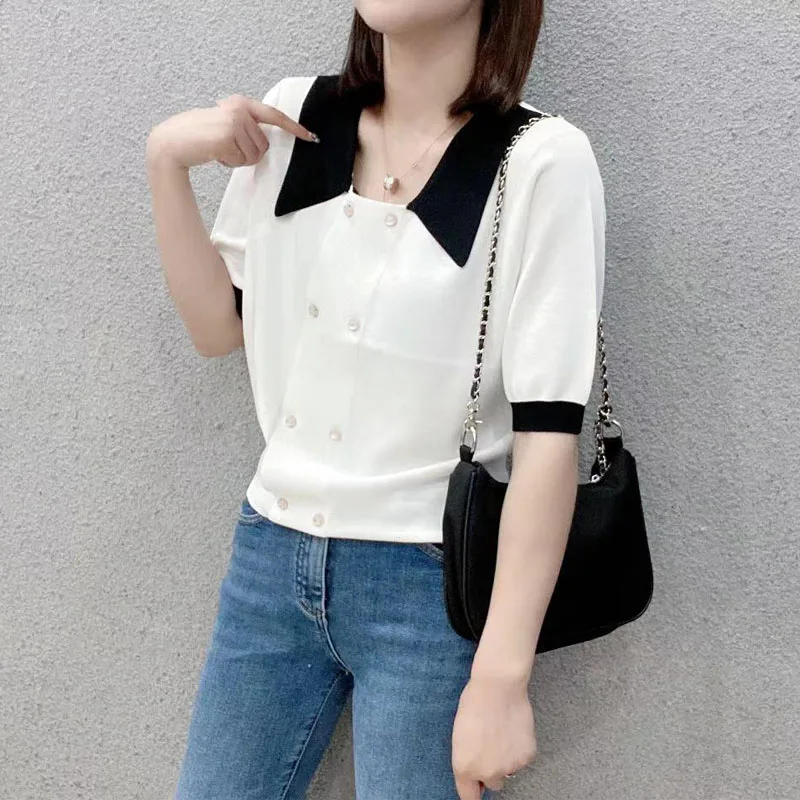 Women Korean Loose Double Breasted Pullovers Shirt 2023 Summer New Elegant Fashion Short Sleeve Polo Neck Casual Blouses Female