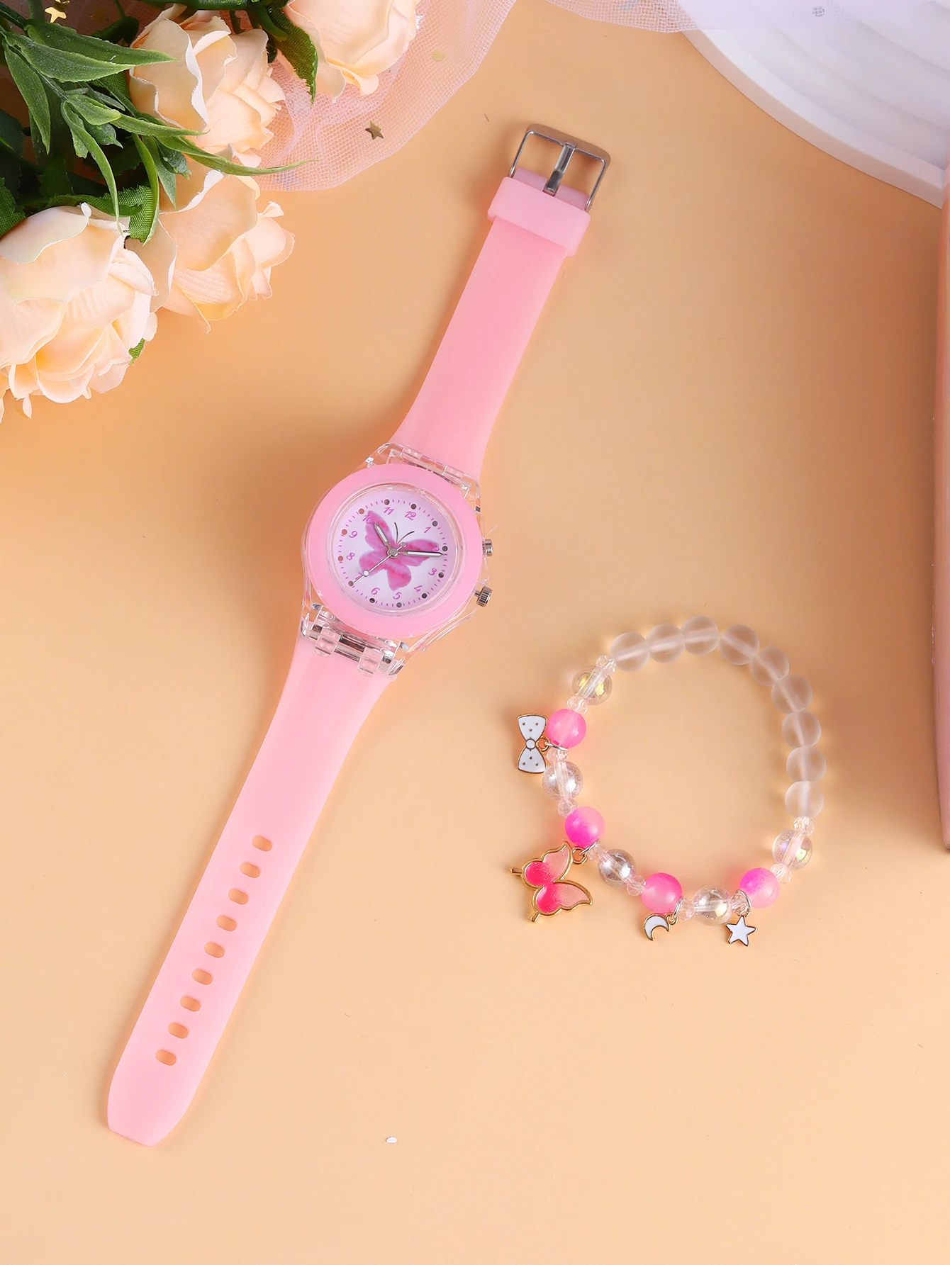 Butterfly Patterned Silicone round Shell Quartz Watch with Butterfly Beaded Bracelet Birthday Gift Silicone Watchband image 2