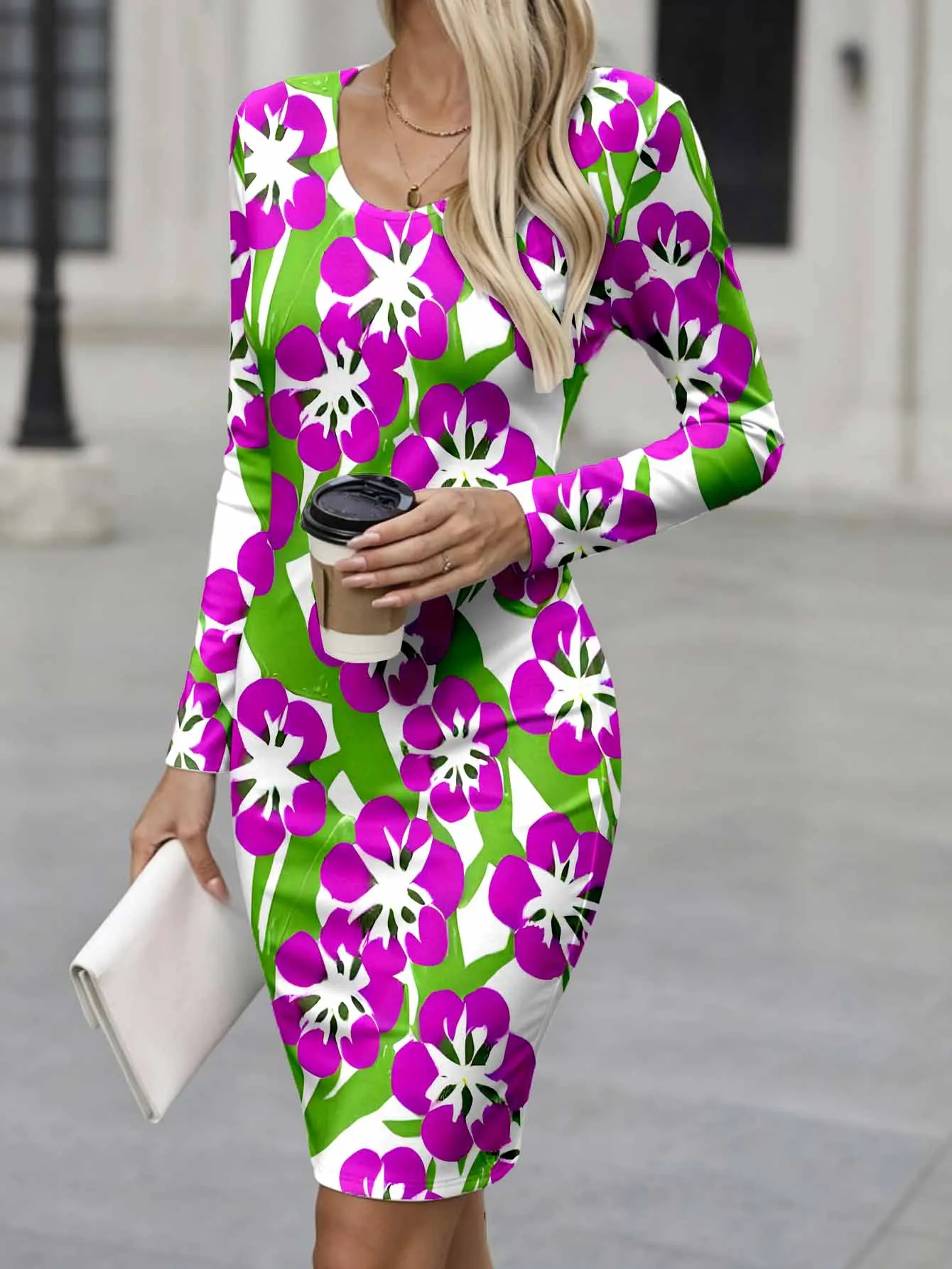 Commute-style figure-hugging dress with long sleeves, tailored to fit the body for a refined look