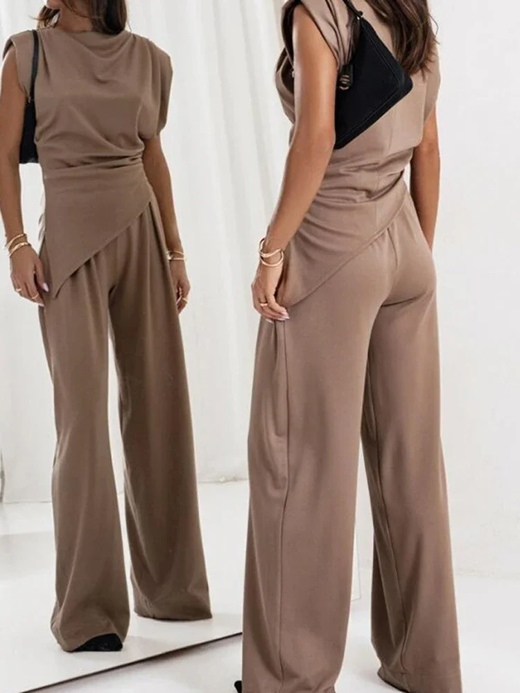 Women's OL Sets Two 2 Pcs Sale Casual O-Neck Sleeveless Irregular Shirt Tops& Pocket Wide Leg Loose Pant Suits OUCFS-W3038