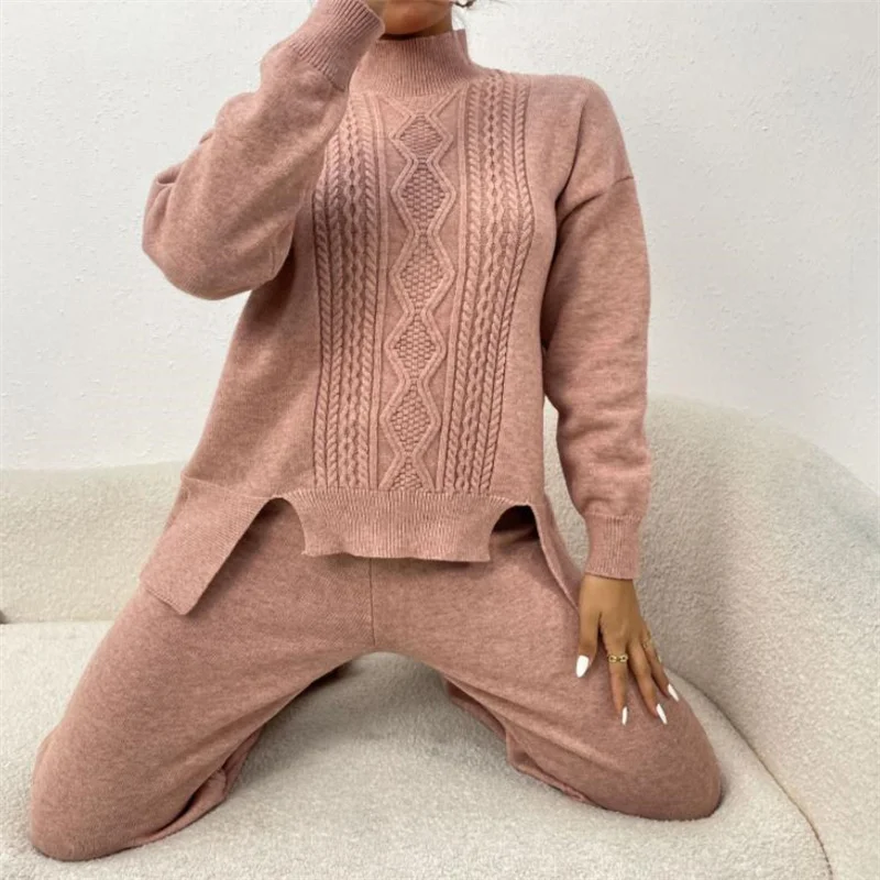 

Turtleneck sweater wide-leg pants suit Casual long loose twist knitted top two-piece set