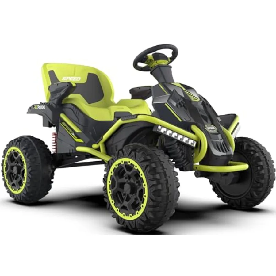 

Outdoor electric ride-on toy for big children, green ABS plastic body, 24V 7Ah battery, 300W quad-motor power, Bluetooth speake