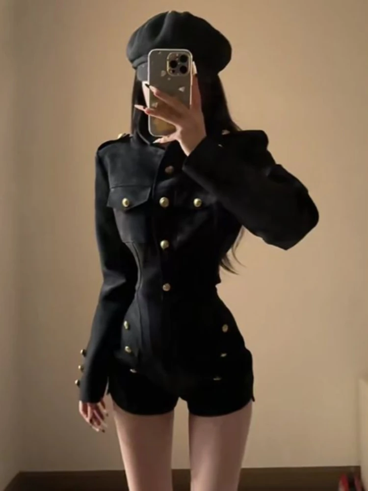 Vintage Black British Style Slim 2-piece Set Women Spring Hot Girl Gothic Long Sleeve Coat High-waist Short Pants Autumn Suit