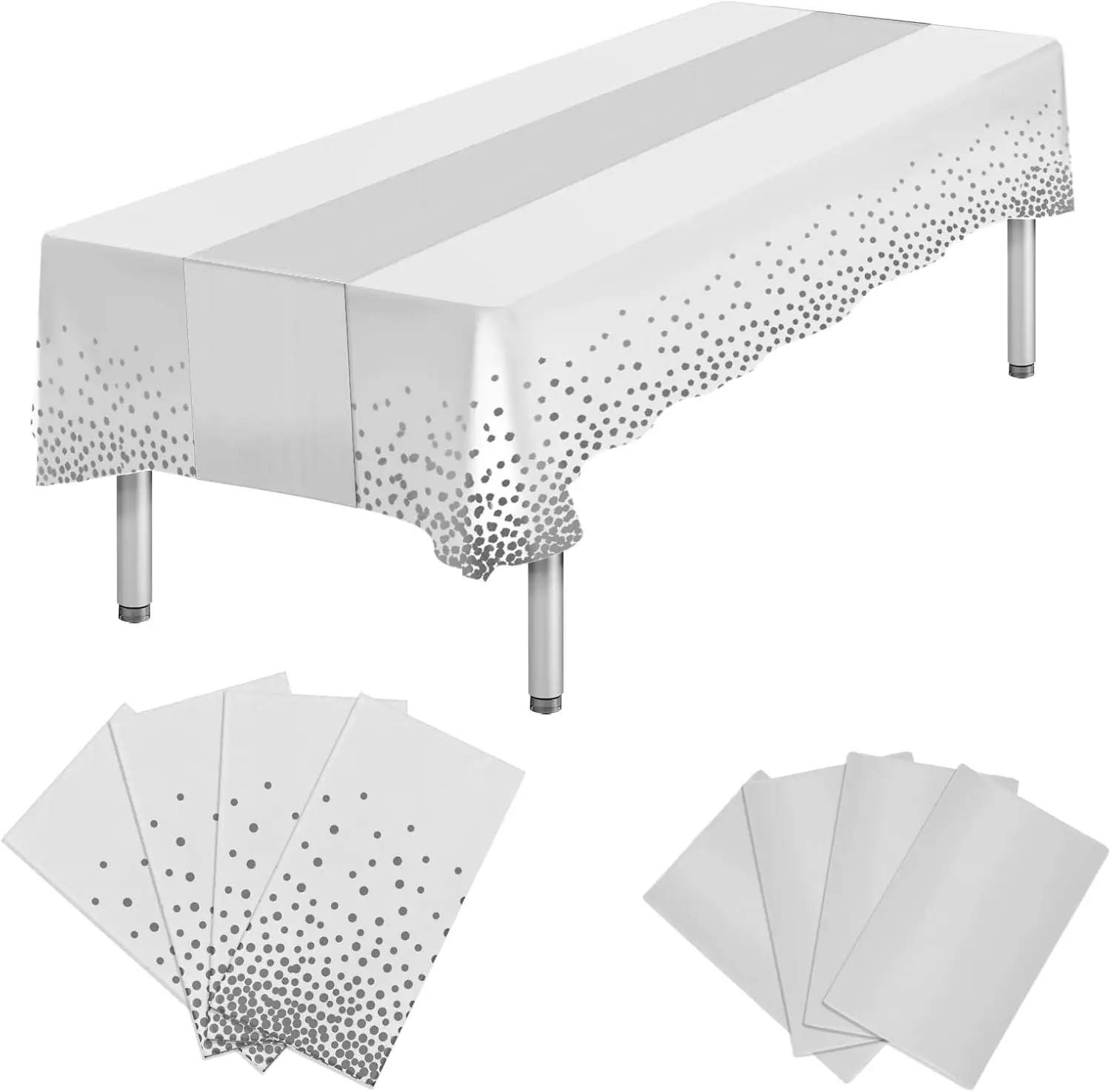 

8 упаковок пластиковых скатертей-наперекидок прямоугольной формы, одноразовые, сатиновые, белые и серебристые, для стола