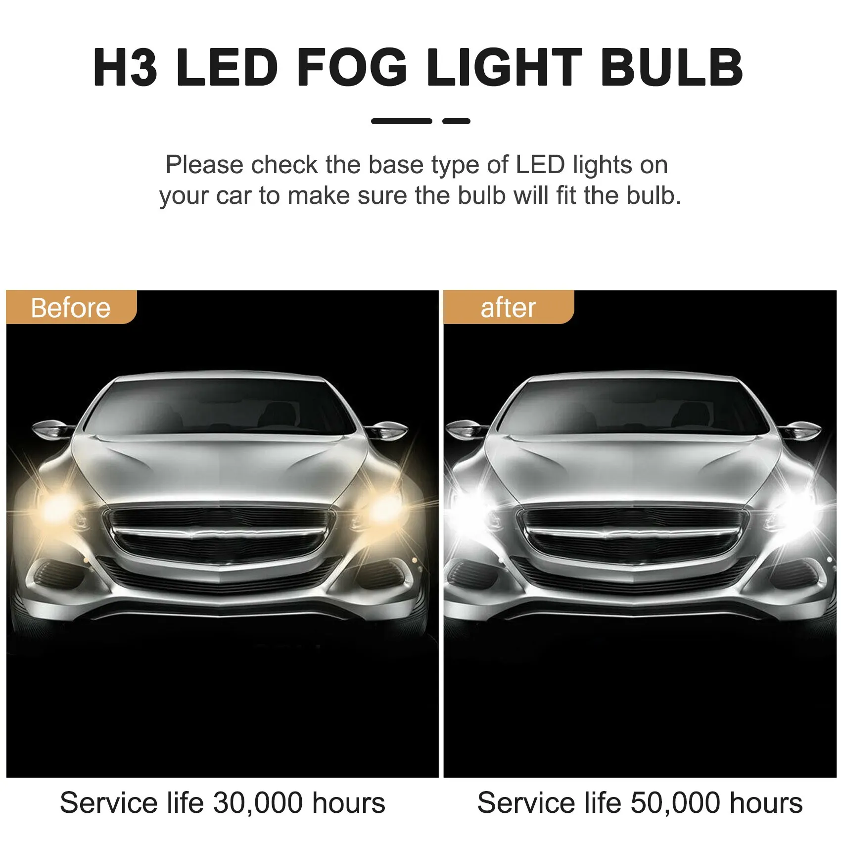 슈퍼 브라이트 LED 헤드라이트 안개등 운전 램프 전구 키트, 6000K 화이트 100W, 2X H3