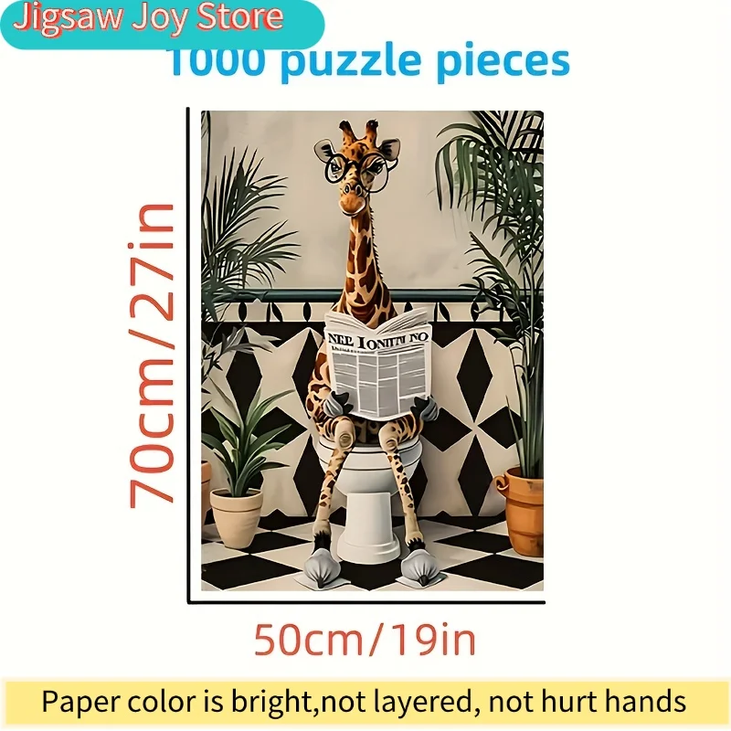 Large Puzzle - Modern Humor, Giraffe Reading Newspaper on Toilet, Animal Art, Unique Gift for Friends and Family