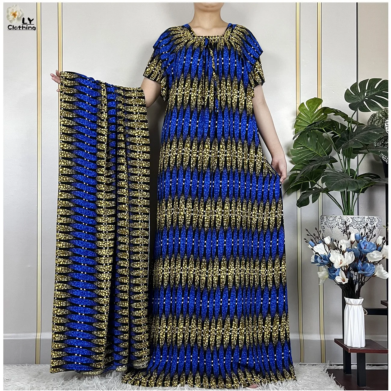 2024 New Muslim Dubai Fashion Women Cotton Dresse With Big Scarf For Women Maxi Summer Short Sleeve Loose African Abaya Clothing