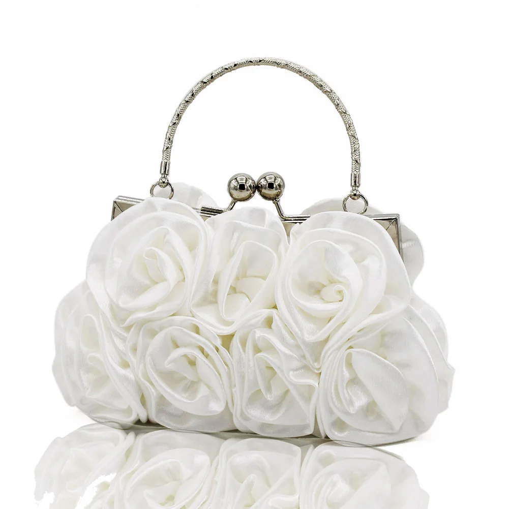 Evening Bags Women Silk Rose Flower Evening Dinner Bag Frame Handbag Chain Shoulder Strap Bags for Banquet Wedding Dress Party