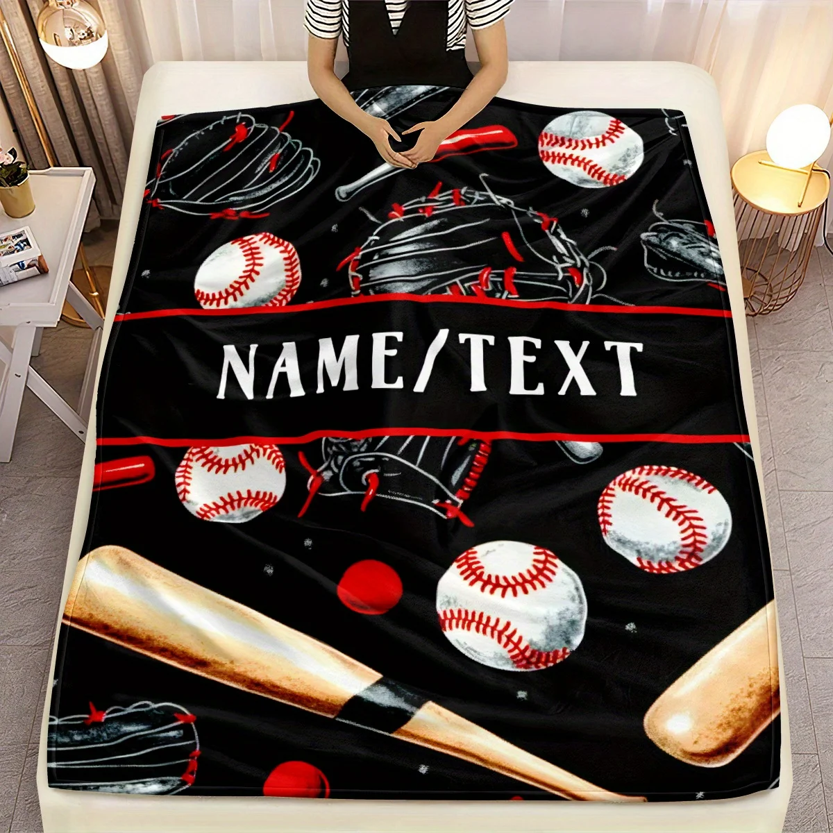Anpassbare Baseball-Flanelldecke, leichte, weiche und warme, digital bedruckte Decke mit Namen, Text, geeignet für Sofa