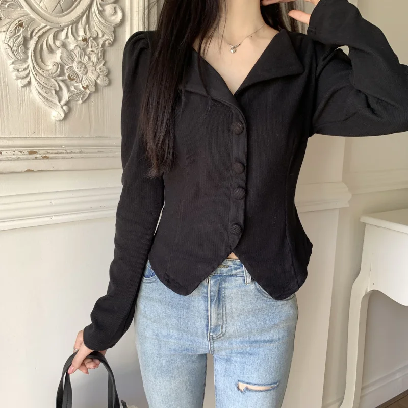 Asymmetrical Slim Short Tops Tees Spring Autumn New Long Sleeve V Neck Solid Color Sweet T Shirts Elegant Fashion Women Clothing