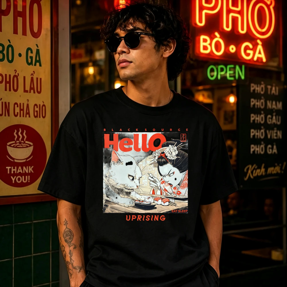 Japanese Ukiyo-e Geisha and White Cat Eating Sushi Graphic Cotton T Shirt Hello Uprising Vintage for Men Women Daily Casual Tops