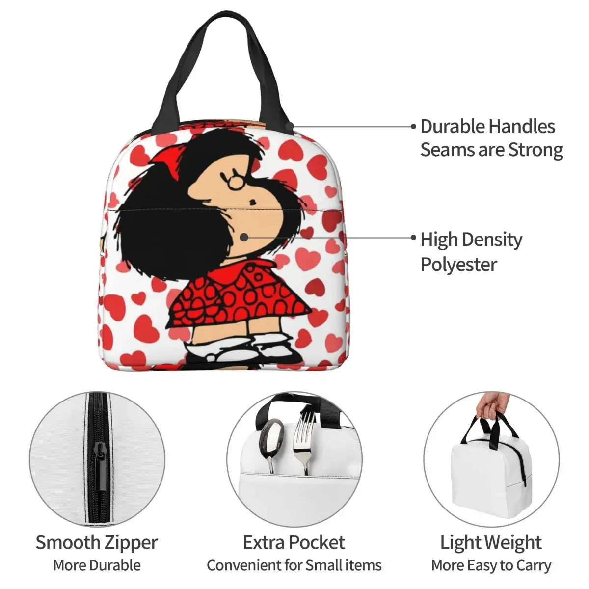 Bolsa de almuerzo con aislamiento de corazón de Mafalda para hombres y mujeres, bolsa enfriadora, contenedor de comida, caja de almuerzo de alta capacidad de dibujos animados de Amina, trabajo al aire libre