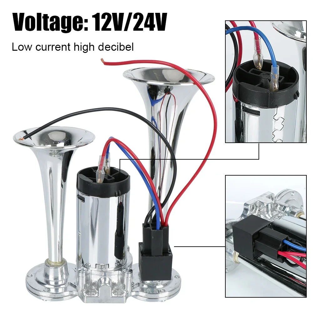 

Двойной электрический гудок с проводами и реле 12В/24В для мотоциклов, лодок, грузовиков, 110 дБ, супергромкий автомобильный пневматический гудок, комплект
