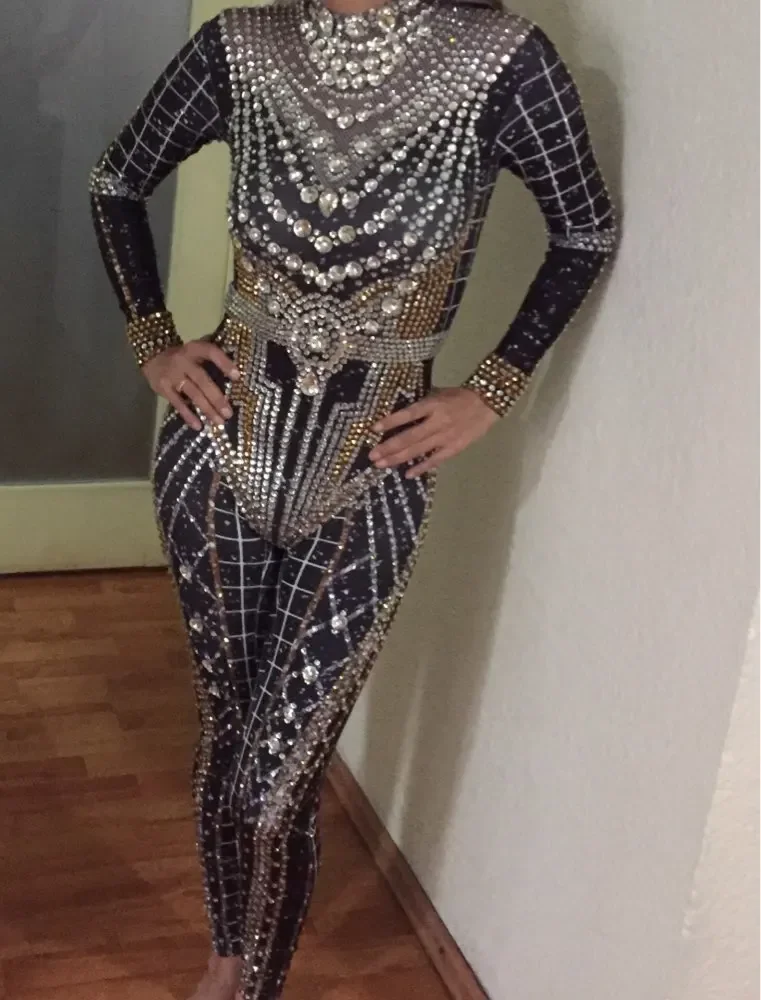 Sparkly Rhinestones Crystal Jumpsuit Women Long Sleeve Spandex Nightclub Bar Prom Party Outfit  Singer Jazz Dance Stage Costume