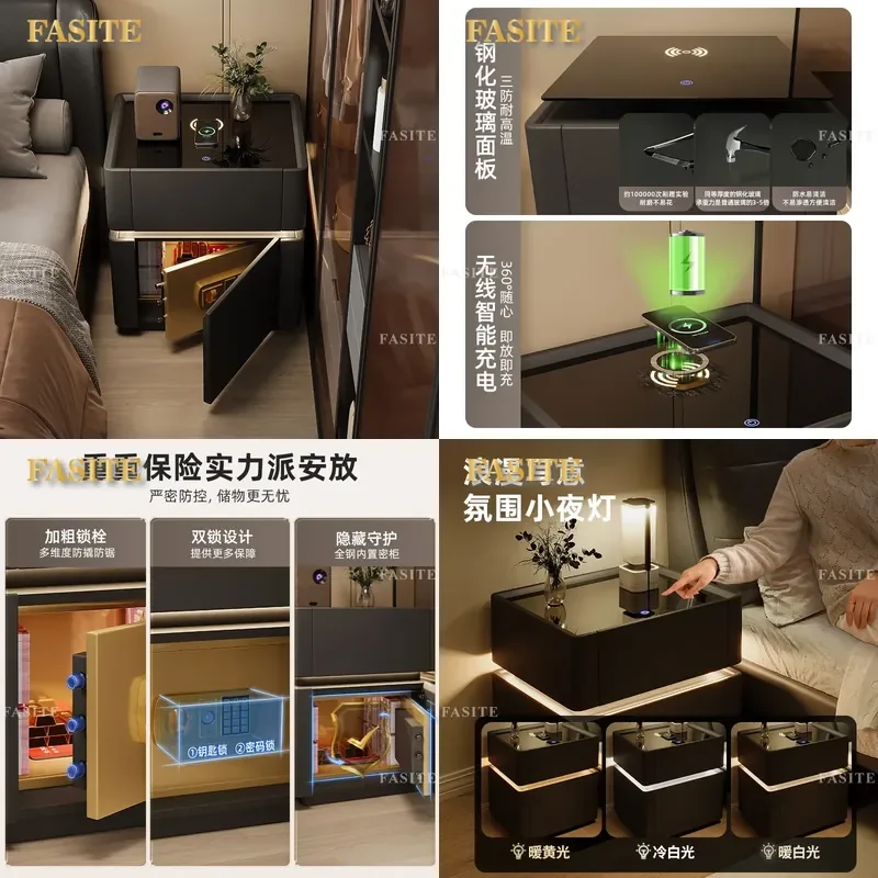 For Smart Bedside Table Black Luxury Small Storage Cabinet with Lock Multi-functional Safe Integrated Bedroom Furniture
