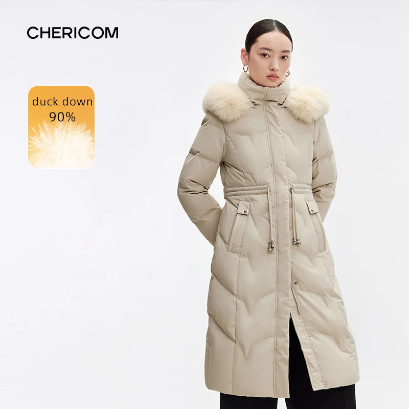 Chericom Women's Winter Fox Fur Collar Hooded Long Down Jacket Tassel Drawstring Overcoat Duck Down Warm Padded Jackets 299226