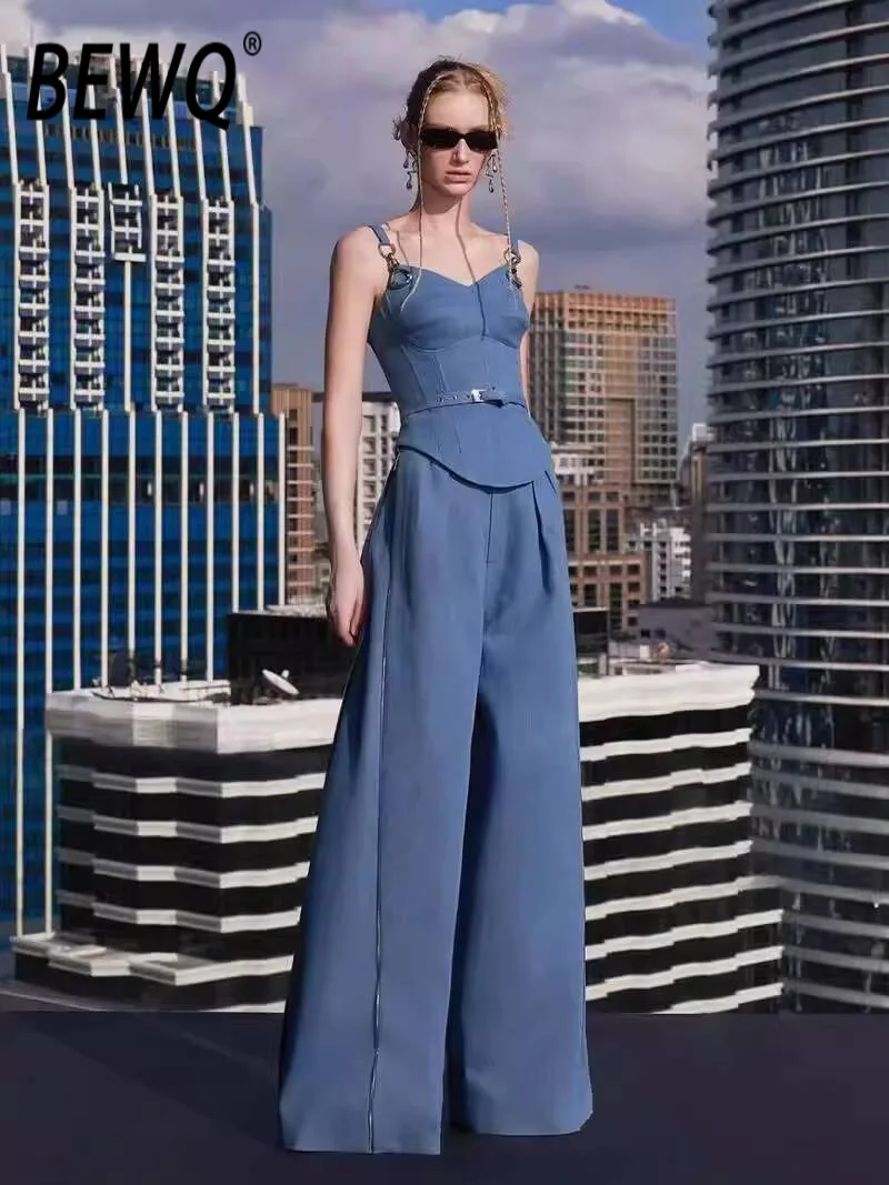 

BEWQ Fashion Women's 2 Pcs Set Slip Denim Slim Sleeveless Tops High Waist Loose Pants Elegant Office Lady Suit 2026 Spring New
