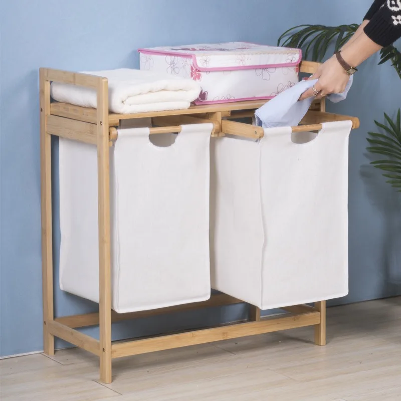 Wooden Sliding 1/2 Compartments Laundry Basket Storage Shelf/Korea Wooden Laundry Basket Hamper