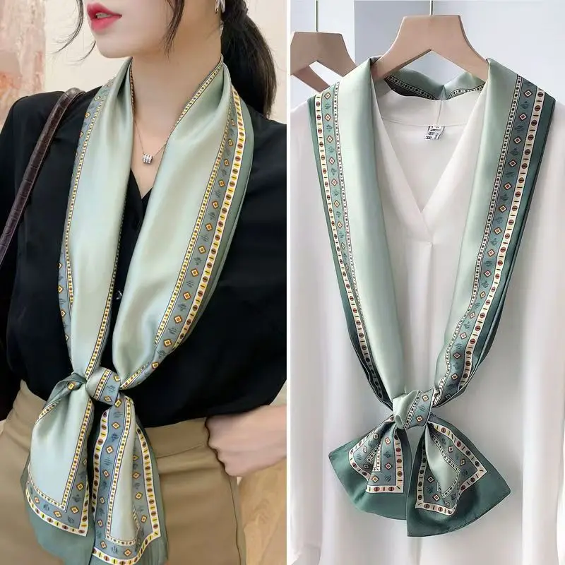 تصميم فاخر المرأة الصيف وشاح حريري طويل الشعر عقال فولارد نحيل حقيبة الأوشحة منديل سيدة قميص اللافتات الزخرفية