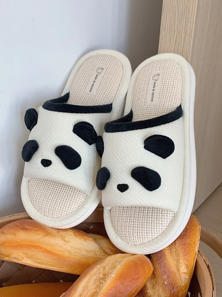 

Four Seasons Linen Slipper Cute Panda Bedroom Home Anti Slip Sweat-absorbing Linen Slippers For Women Panda Floor Slipper