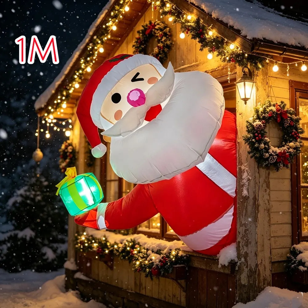 1M Inflatable Half Body Suspended Santa Claus Built-in LED Light Carry Gift Box Suitable Indoor Outdoor Windows Beams Decoration