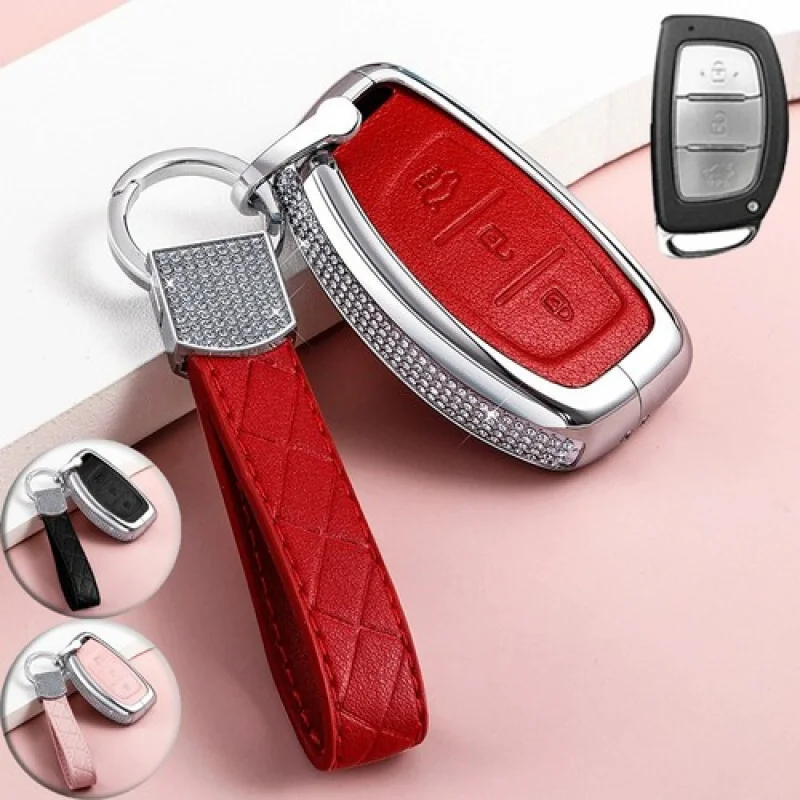 

A+ Zinc Alloy Leather Diamond Car Key Case Cover For Hyundai Elantra Tucson Sonata