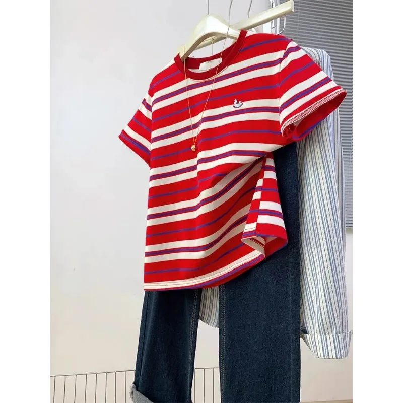 Women Crew Neck Striped Short Sleeve T Shirt Small Bird Embroidery Shoulder Fixed Loose Retro Casual Summer Top