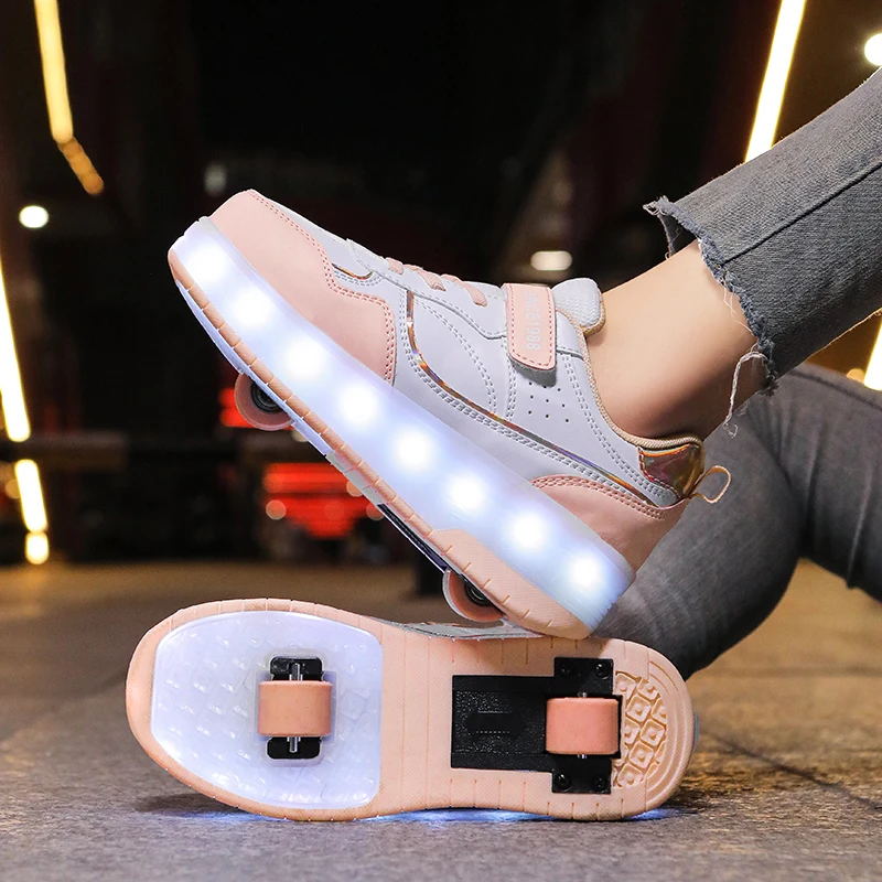 Sepatu Kets Bercahaya Bercahaya Dua Roda Anak-anak Sepatu Roller Skate Lampu Led Merah Muda Sepatu Led Anak Laki-laki Perempuan Pengisian Daya USB