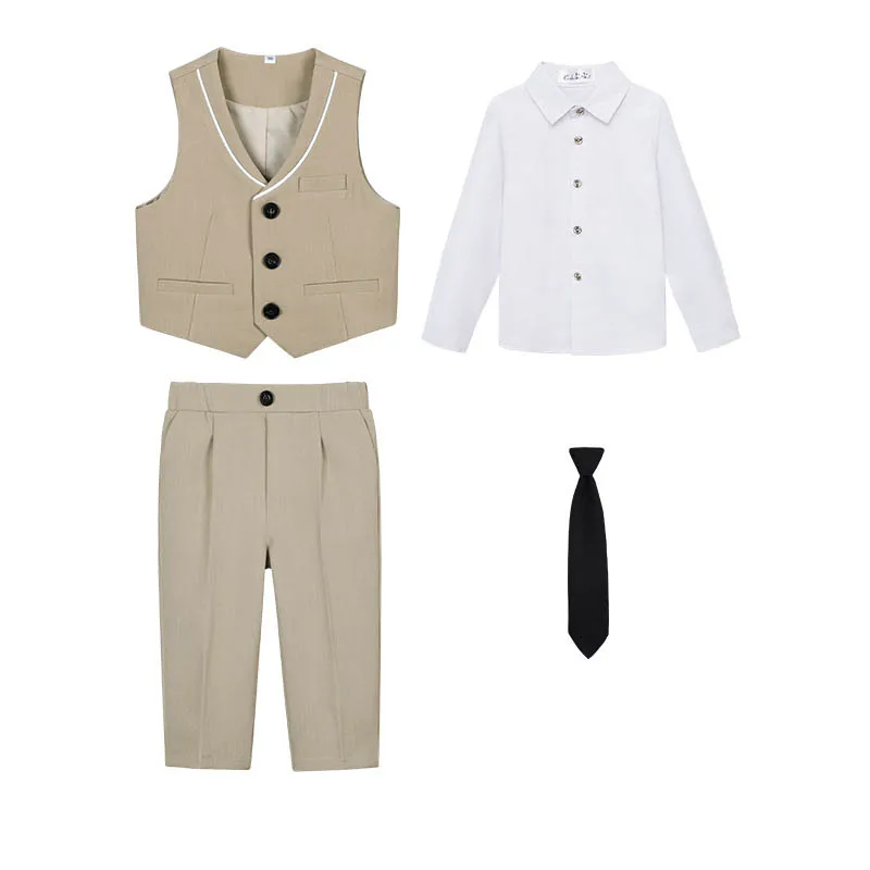 Children Spring Khaki Vest Shirt Pants Tie Photograph Suit Boys Formal Ceremony Tuxedo Dress Kids Wedding Performance Costume