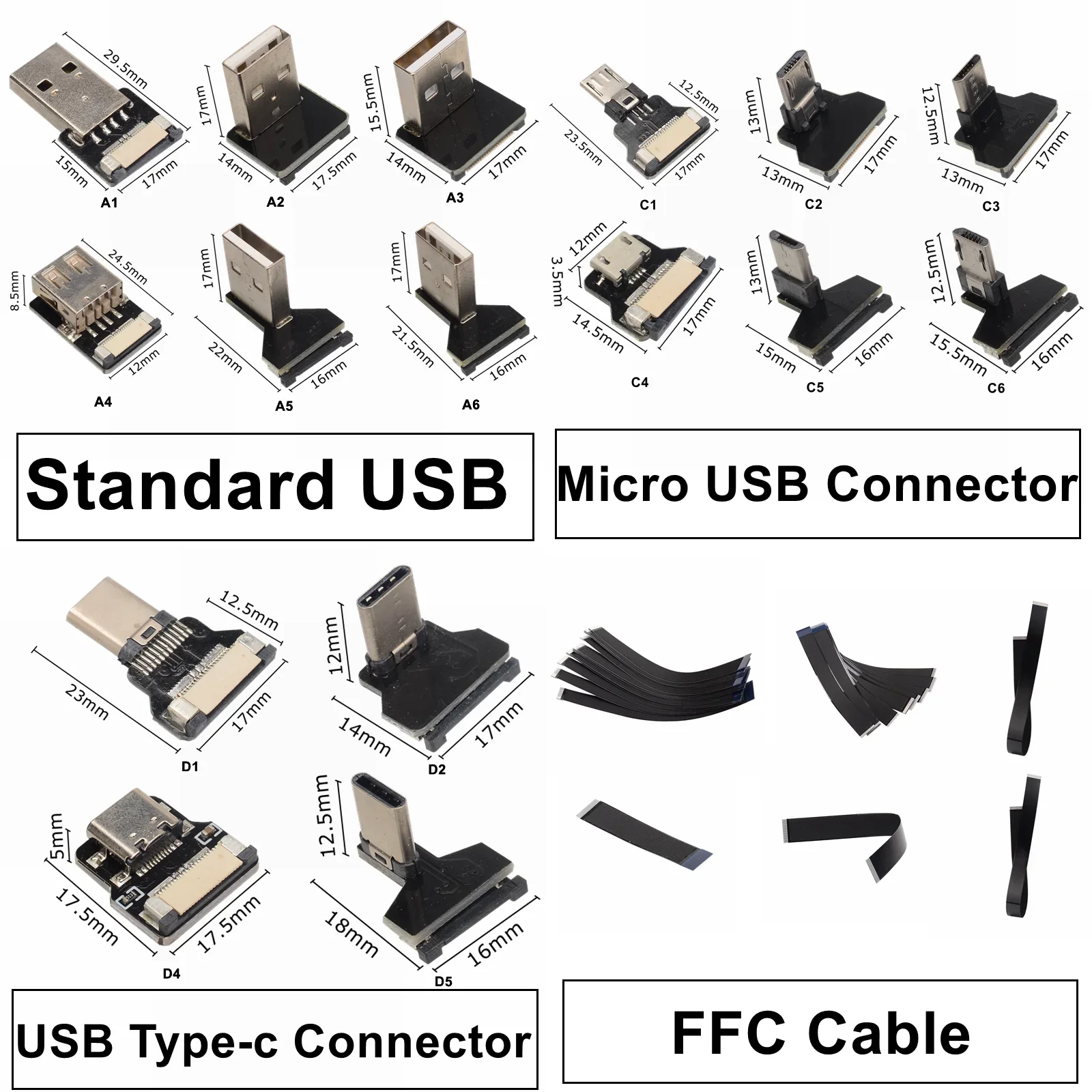 Ribbon FPV Type C Micro Mini USB A Plug Socket Connectors Flexible Flat DIY Assembly Adapter Male Female Head+FFC Extender Cable