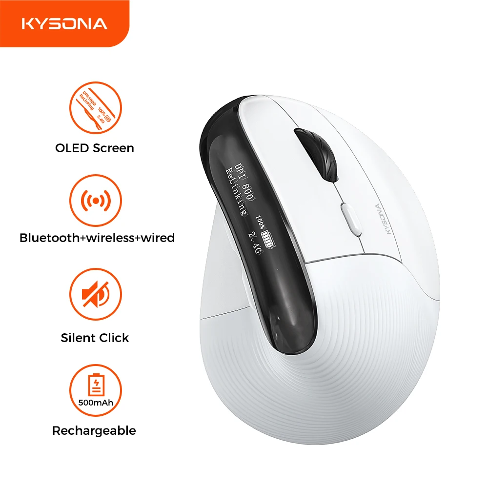 Kysona EM11 Pro Vertical Wireless Mouse Ergonomic Bluetooth Rechargeable 4000DPI 6 Silent Buttons OLED Mice For Tablet Laptop PC