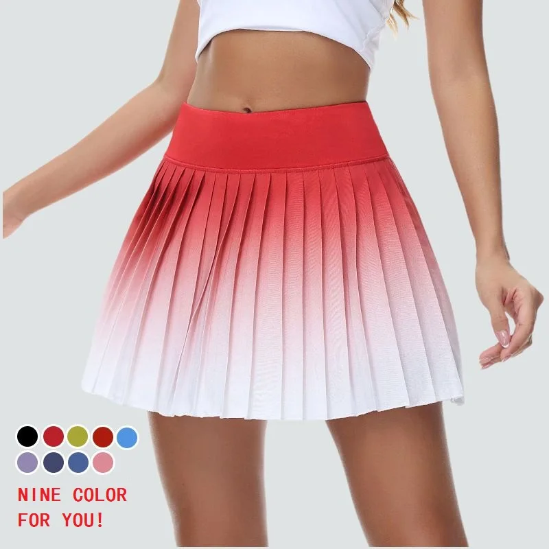 Letnie spodenki do biegania z gradientem kolorów, kieszeń boczna, imitacja 2-częściowej tenisowej mini spódniczki, chłodzące, szybkoschnące, oddychające spódniczki do jogi damskie.